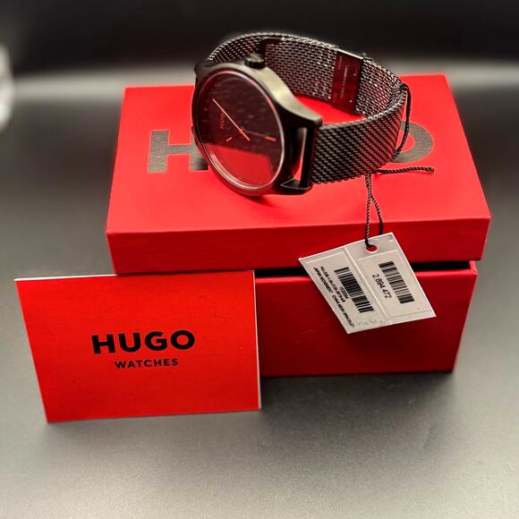 HUGO Move 1530044 Men’s Black Minimalist Mesh Bracelet Watch – Red Accent Dial - Picture 5 of 17